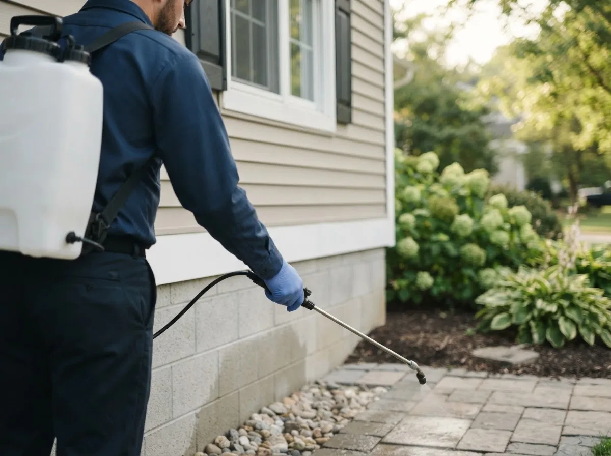 Pest control technician inspecting a home in Mark Center, OH